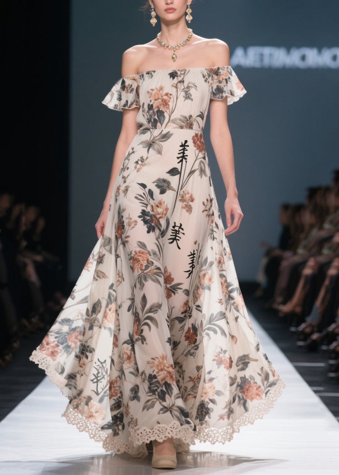 New Retro White Cold Shoulder Print Chiffon Party Dress Summer