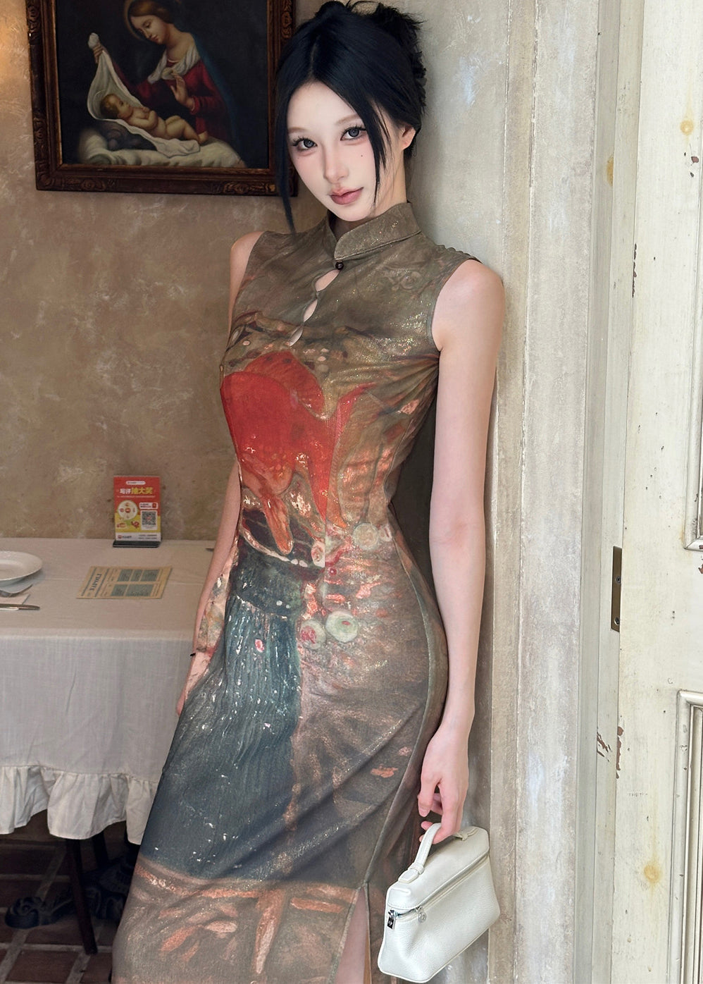 New Retro Women Stand Collar Print Tulle Maxi Dress Summer