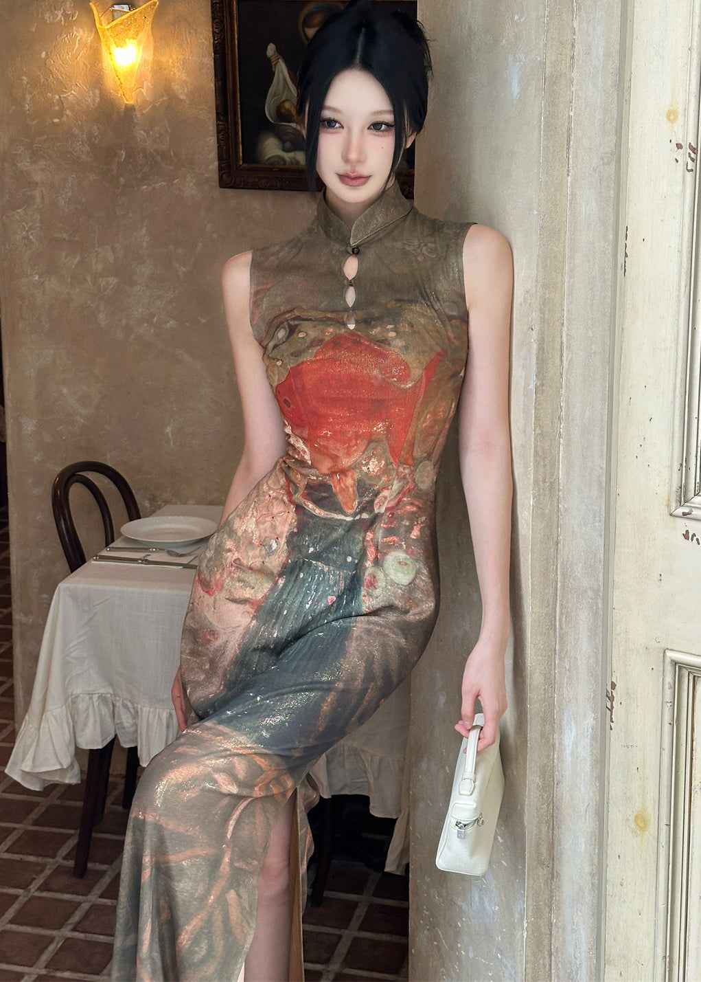 New Retro Women Stand Collar Print Tulle Maxi Dress Summer