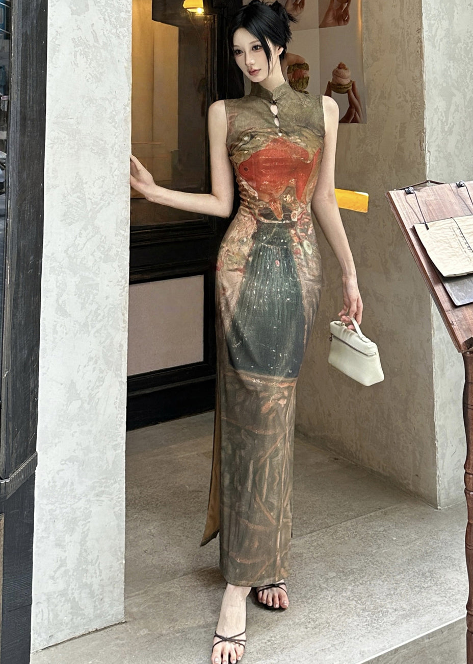 New Retro Women Stand Collar Print Tulle Maxi Dress Summer