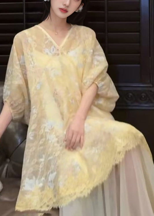 New Retro Yellow Embroidered Asymmetrical Tulle Oriental Dress Two Pieces Set Summer