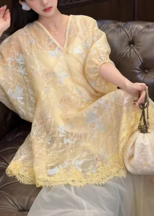 New Retro Yellow Embroidered Asymmetrical Tulle Oriental Dress Two Pieces Set Summer