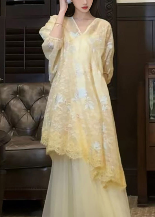 New Retro Yellow Embroidered Asymmetrical Tulle Oriental Dress Two Pieces Set Summer