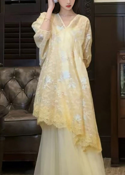 New Retro Yellow Embroidered Asymmetrical Tulle Oriental Dress Two Pieces Set Summer