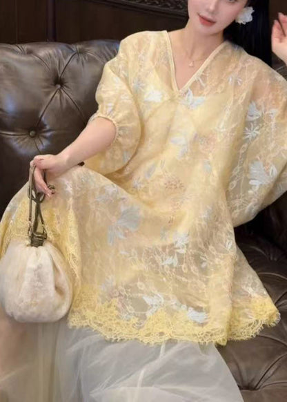 New Retro Yellow Embroidered Asymmetrical Tulle Oriental Dress Two Pieces Set Summer