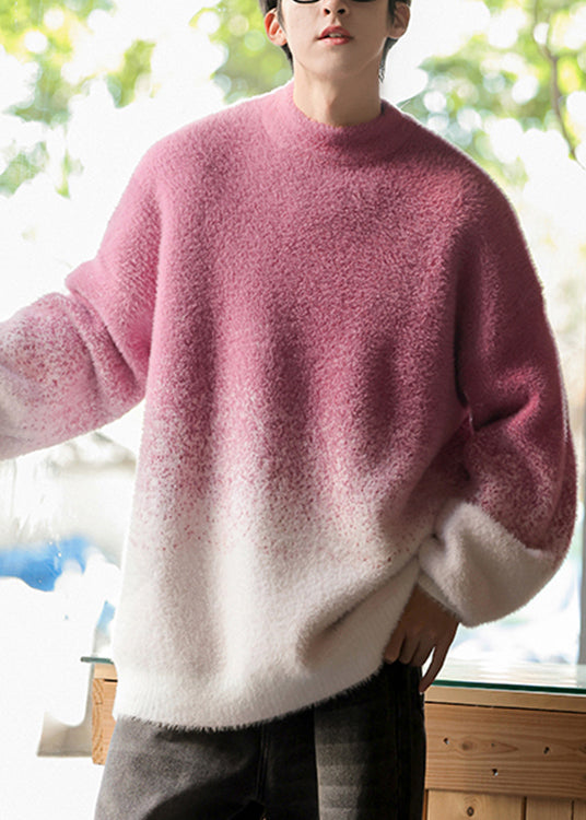 New Rose Gradient Color O Neck Cozy Knit Men Sweater Tops Winter