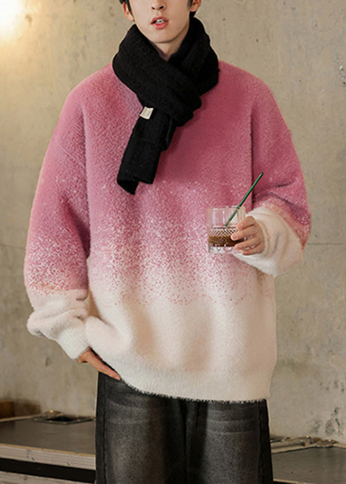 New Rose Gradient Color O Neck Cozy Knit Men Sweater Tops Winter