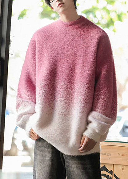 New Rose Gradient Color O Neck Cozy Knit Men Sweater Tops Winter