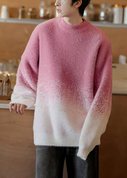 New Rose Gradient Color O Neck Cozy Knit Men Sweater Tops Winter