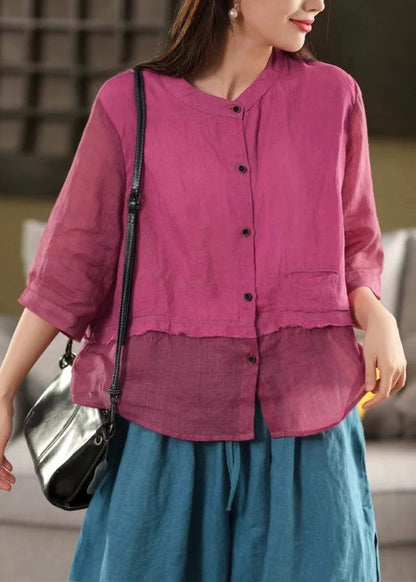 New Rose O Neck Button Patchwork Linen Blouses Summer