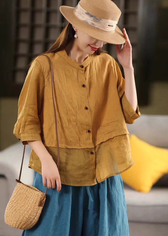 New Rose O Neck Button Patchwork Linen Blouses Summer