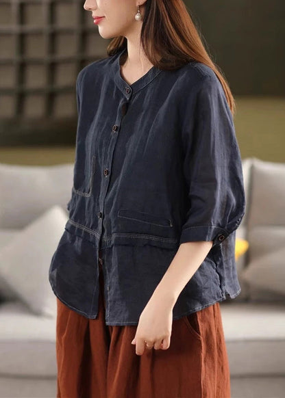 New Rose O Neck Button Patchwork Linen Blouses Summer