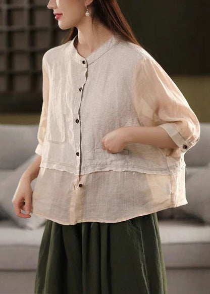 New Rose O Neck Button Patchwork Linen Blouses Summer
