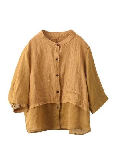 New Rose O Neck Button Patchwork Linen Blouses Summer