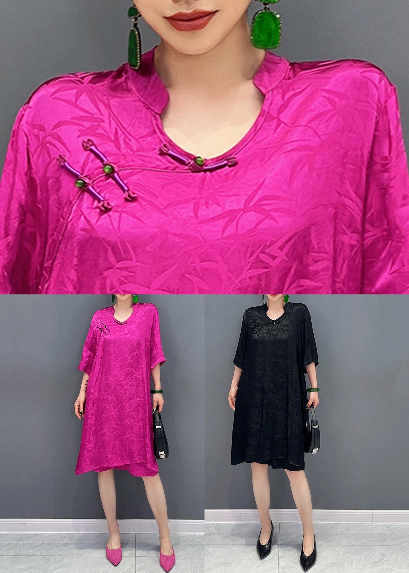 New Rose Print Side Open Silk Two Pieces Set Half Sleeve