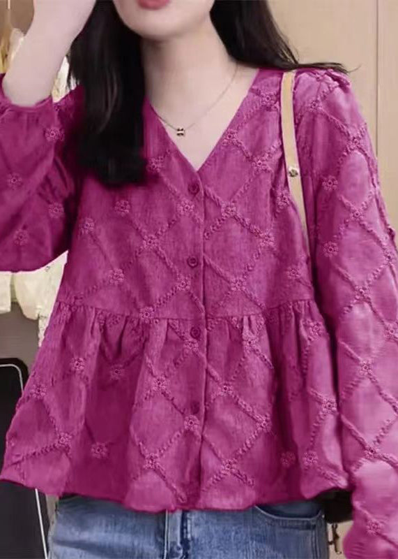 Neues Rosen-V-Ausschnitt-Baumwollhemd mit Knopfleiste und Patchwork-Design für den Frühling