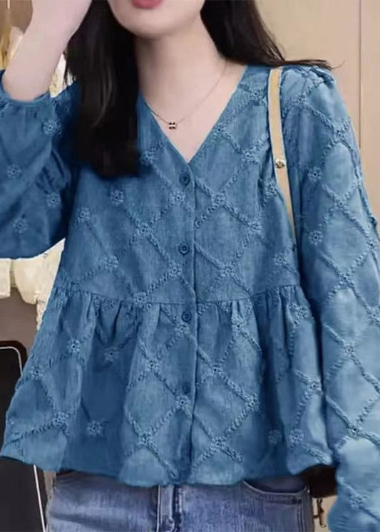 New Rose V Neck Button Patchwork Cotton Shirt Spring