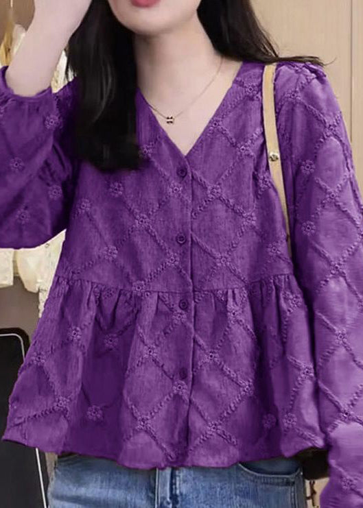 Neues Rosen-V-Ausschnitt-Baumwollhemd mit Knopfleiste und Patchwork-Design für den Frühling