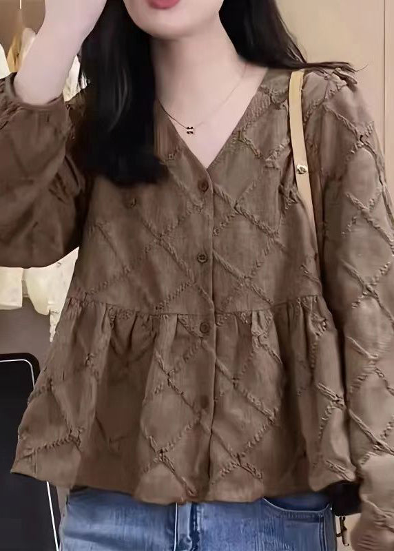 Neues Rosen-V-Ausschnitt-Baumwollhemd mit Knopfleiste und Patchwork-Design für den Frühling