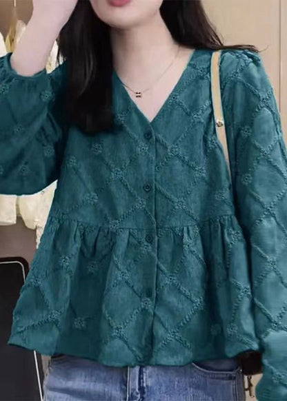 Neues Rosen-V-Ausschnitt-Baumwollhemd mit Knopfleiste und Patchwork-Design für den Frühling