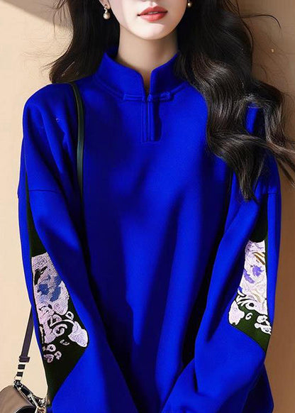 Nueva camiseta de algodón con cuello alto y estampado azul real para primavera