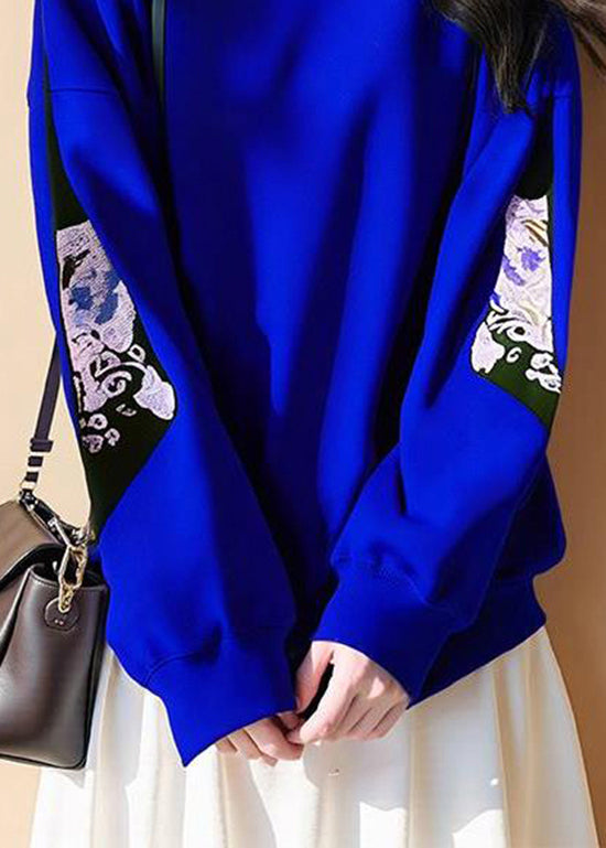 Nueva camiseta de algodón con cuello alto y estampado azul real para primavera