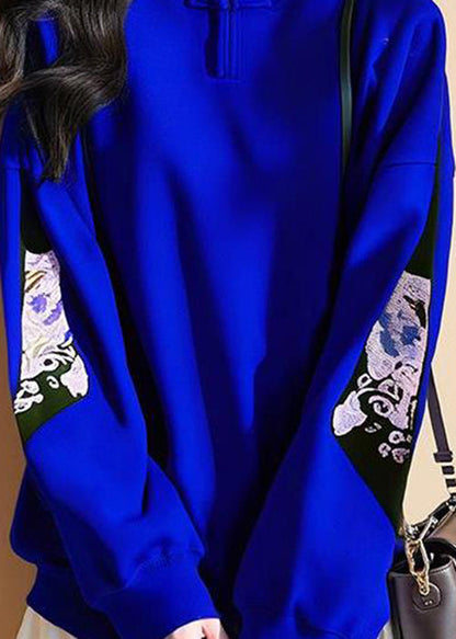 Nueva camiseta de algodón con cuello alto y estampado azul real para primavera