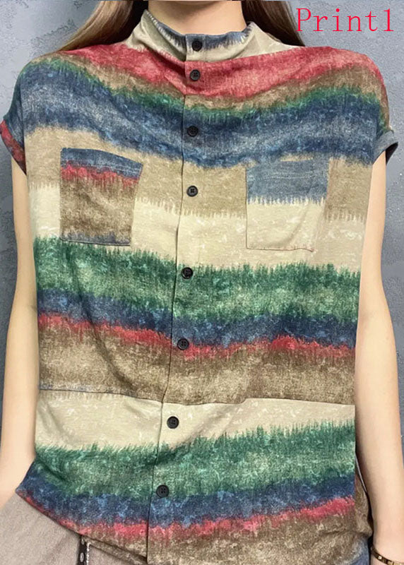 Neue kurzärmlige Damen-Tops mit Stehkragen und Batikmuster