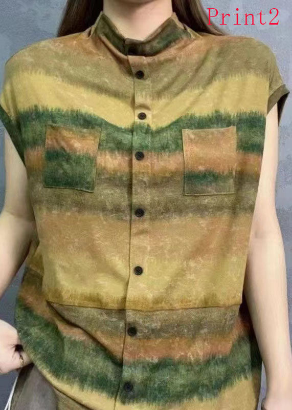 Neue kurzärmlige Damen-Tops mit Stehkragen und Batikmuster