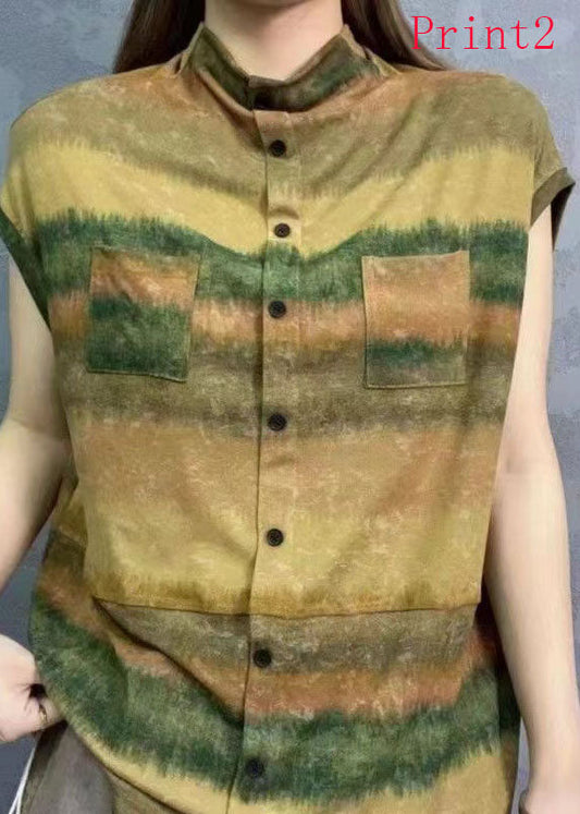 Neue kurzärmlige Damen-Tops mit Stehkragen und Batikmuster