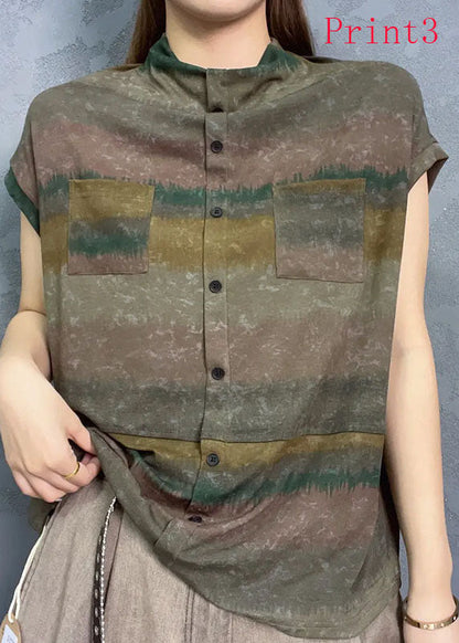 Neue kurzärmlige Damen-Tops mit Stehkragen und Batikmuster