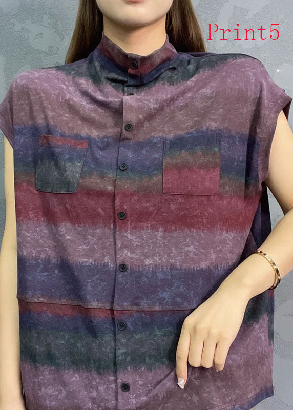 Neue kurzärmlige Damen-Tops mit Stehkragen und Batikmuster