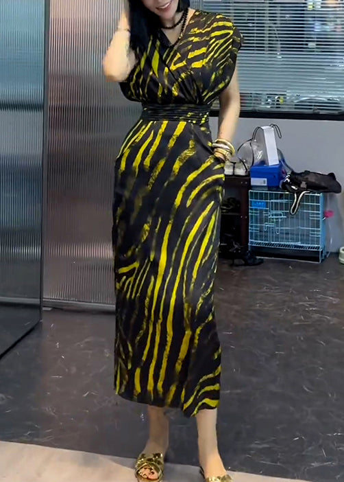 Neu Gestreiften V-ausschnitt Taschen Baumwolle Lange Kleid Sommer