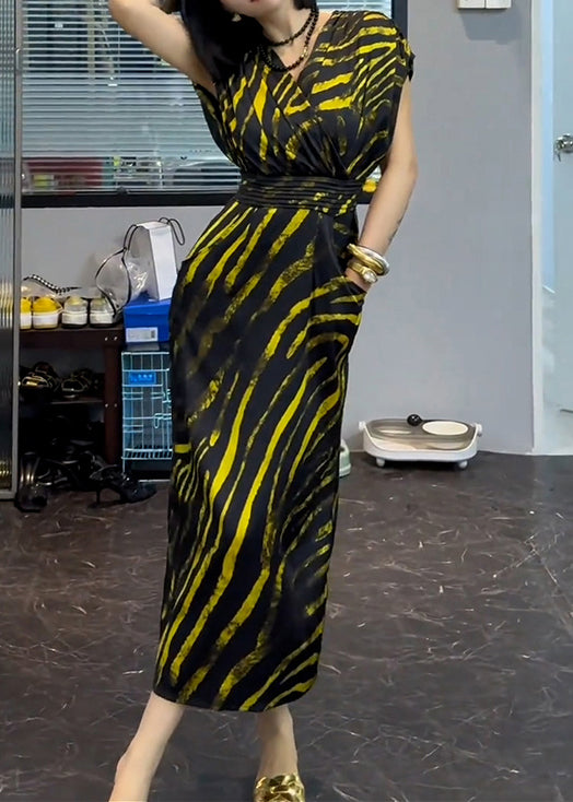 Neu Gestreiften V-ausschnitt Taschen Baumwolle Lange Kleid Sommer