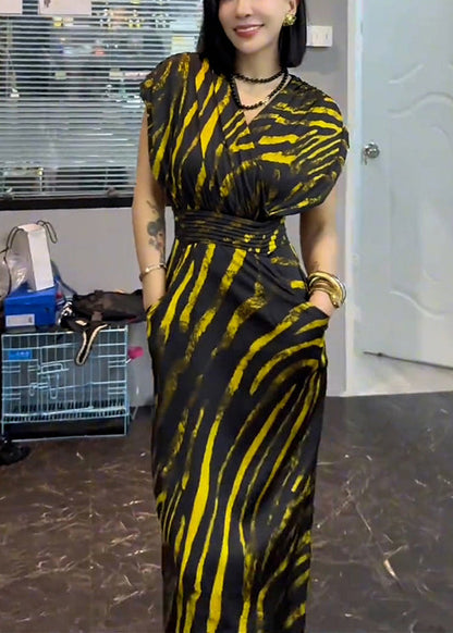 Neu Gestreiften V-ausschnitt Taschen Baumwolle Lange Kleid Sommer