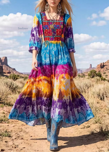 New Tie Dye Print Square Collar Cotton Long Dress Summer