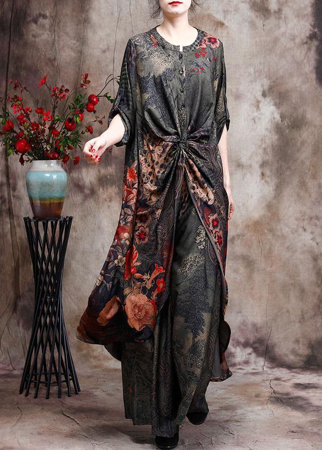 New Silk Two Piece Suit Loose Irregular Print Top Wide Leg Pants - SooLinen