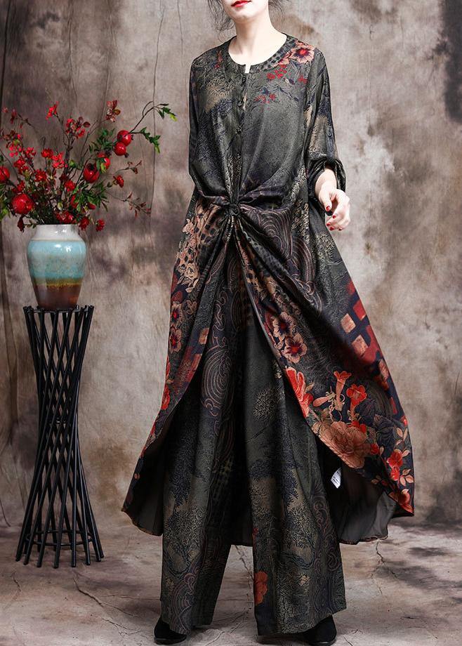 New Silk Two Piece Suit Loose Irregular Print Top Wide Leg Pants - SooLinen