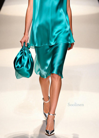 New V Neck Patchwork False Two Pieces Silk Dresses Sleeveless