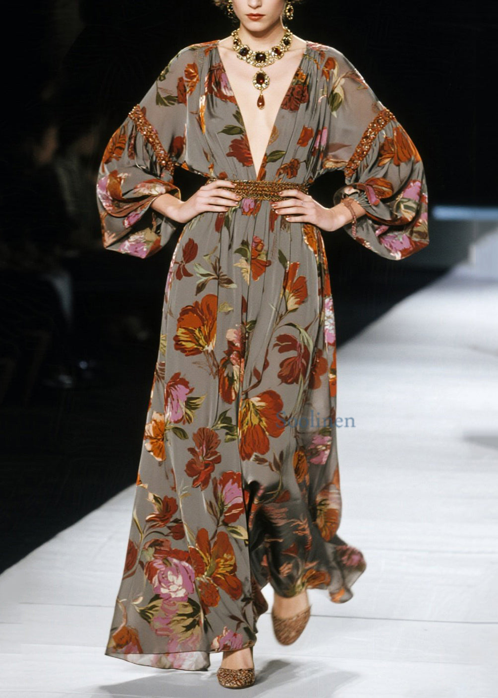 Nuevo vestido largo de algodón con cuello en V y estampado de talla grande para primavera