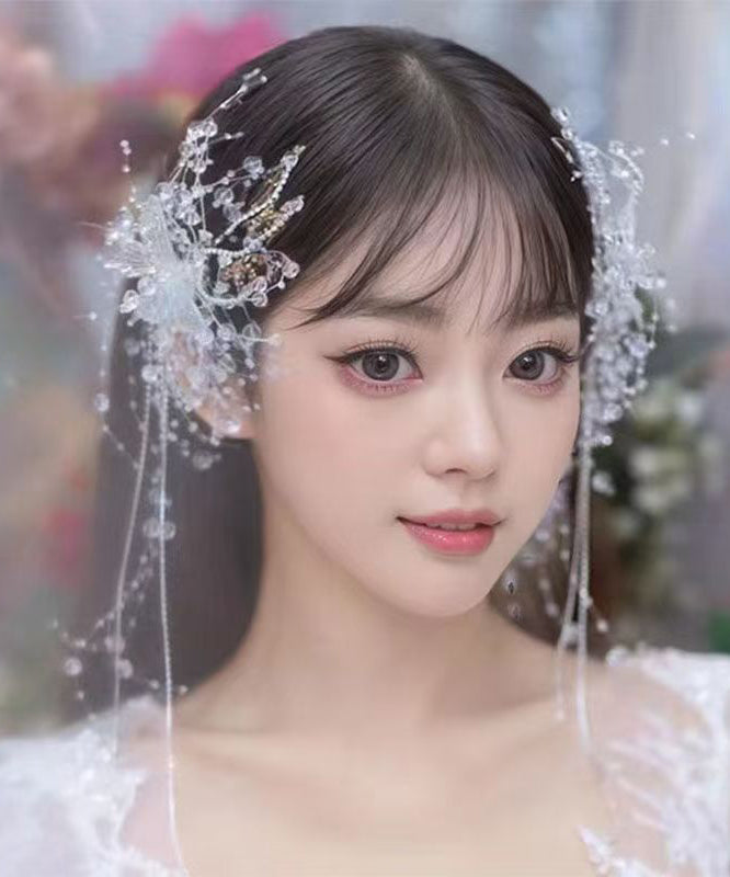 New White Acrylic Alloy Crystal Butterfly Tassel A Pair Hairpin