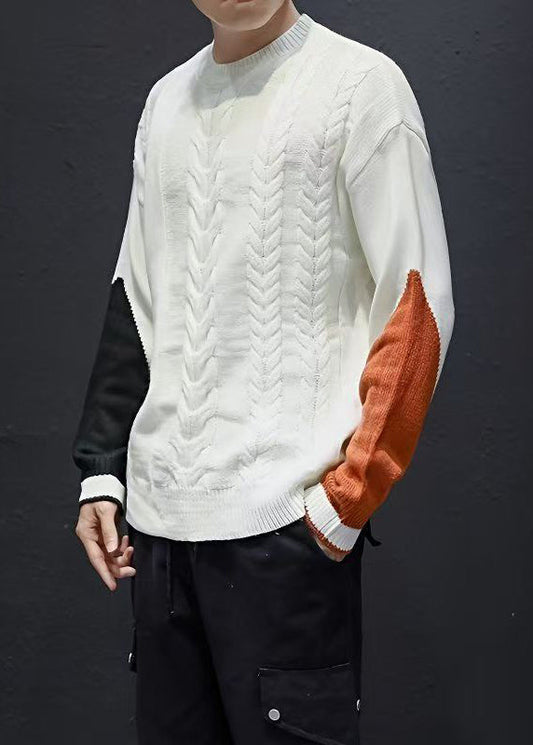 New White Asymmetrical Patchwork Cable Knit Men Sweaters Spring