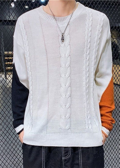 New White Asymmetrical Patchwork Cable Knit Men Sweaters Spring