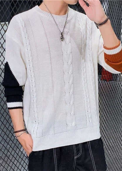 New White Asymmetrical Patchwork Cable Knit Men Sweaters Spring