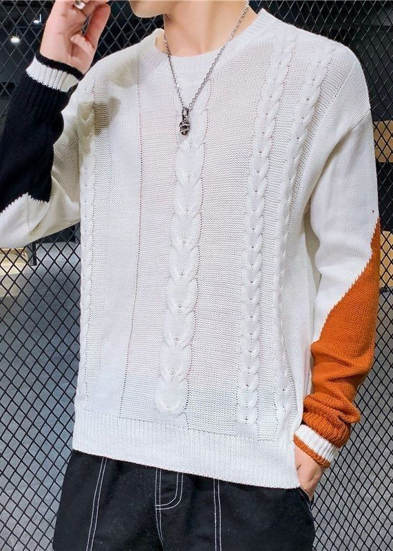 New White Asymmetrical Patchwork Cable Knit Men Sweaters Spring
