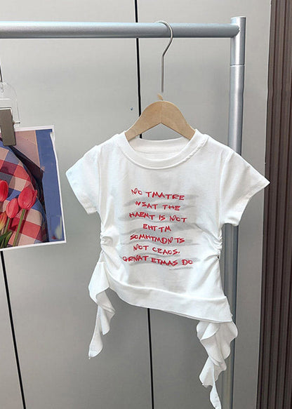 New White Cinched Graphic Tassel Kids Top Short Sleeve