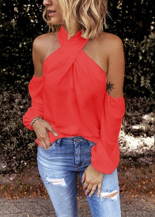 New White Cold Shoulder Patchwork Cotton Shirts Long Sleeve