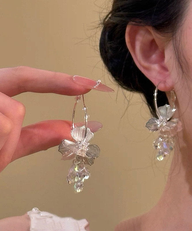 New White Copper Alloy Zircon Crystal Floral Hoop Earrings