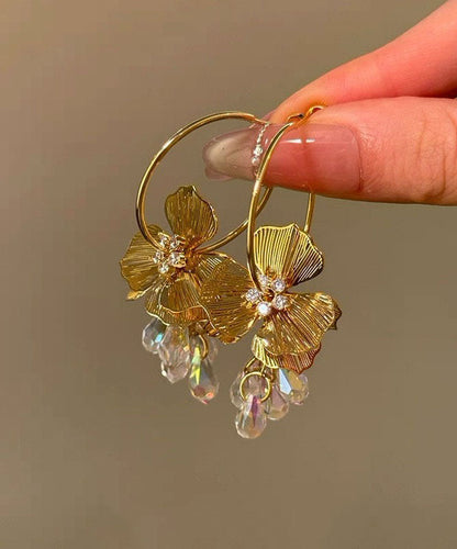 New White Copper Alloy Zircon Crystal Floral Hoop Earrings