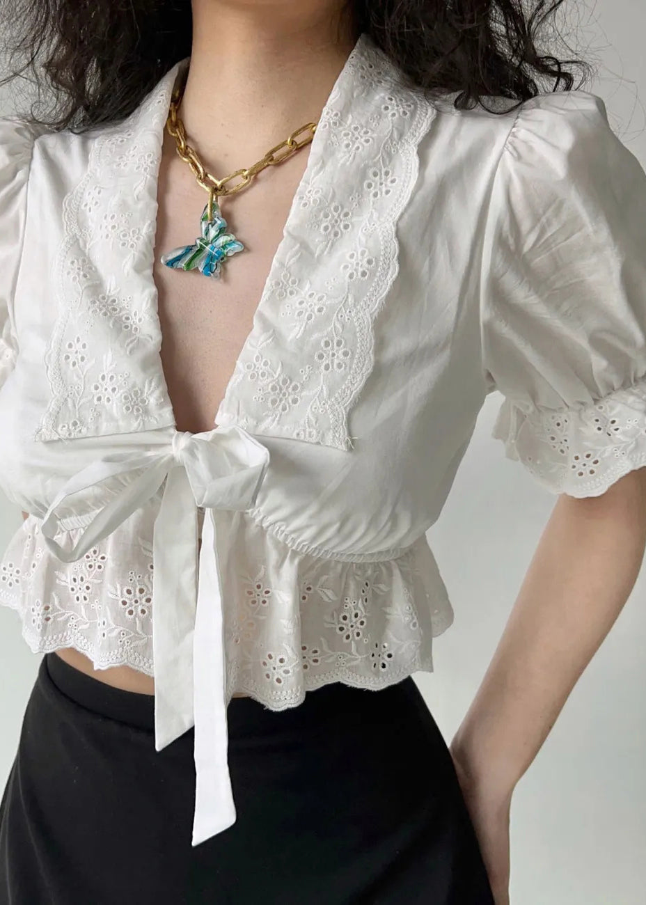 New White Embroidered Lace Up Hollow Out Cotton Shirt Summer
